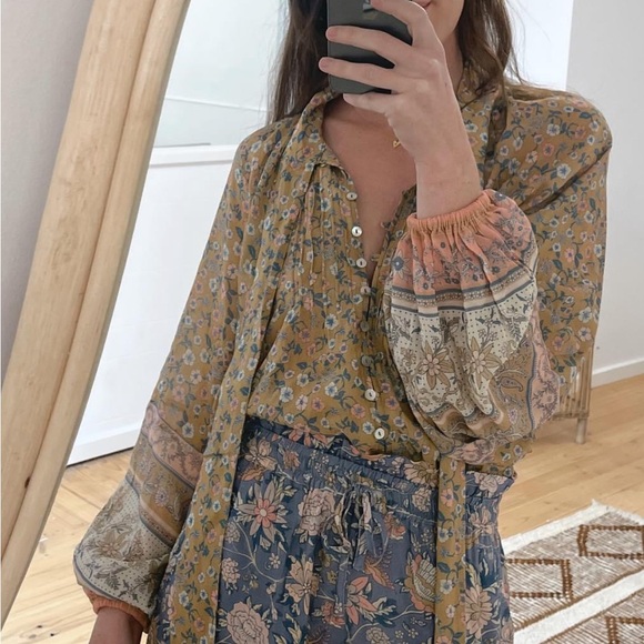 New Spell x Free People Mossy XL Brown Pink Buttonfront Tie-Neck Boho Blouse - Picture 8 of 15